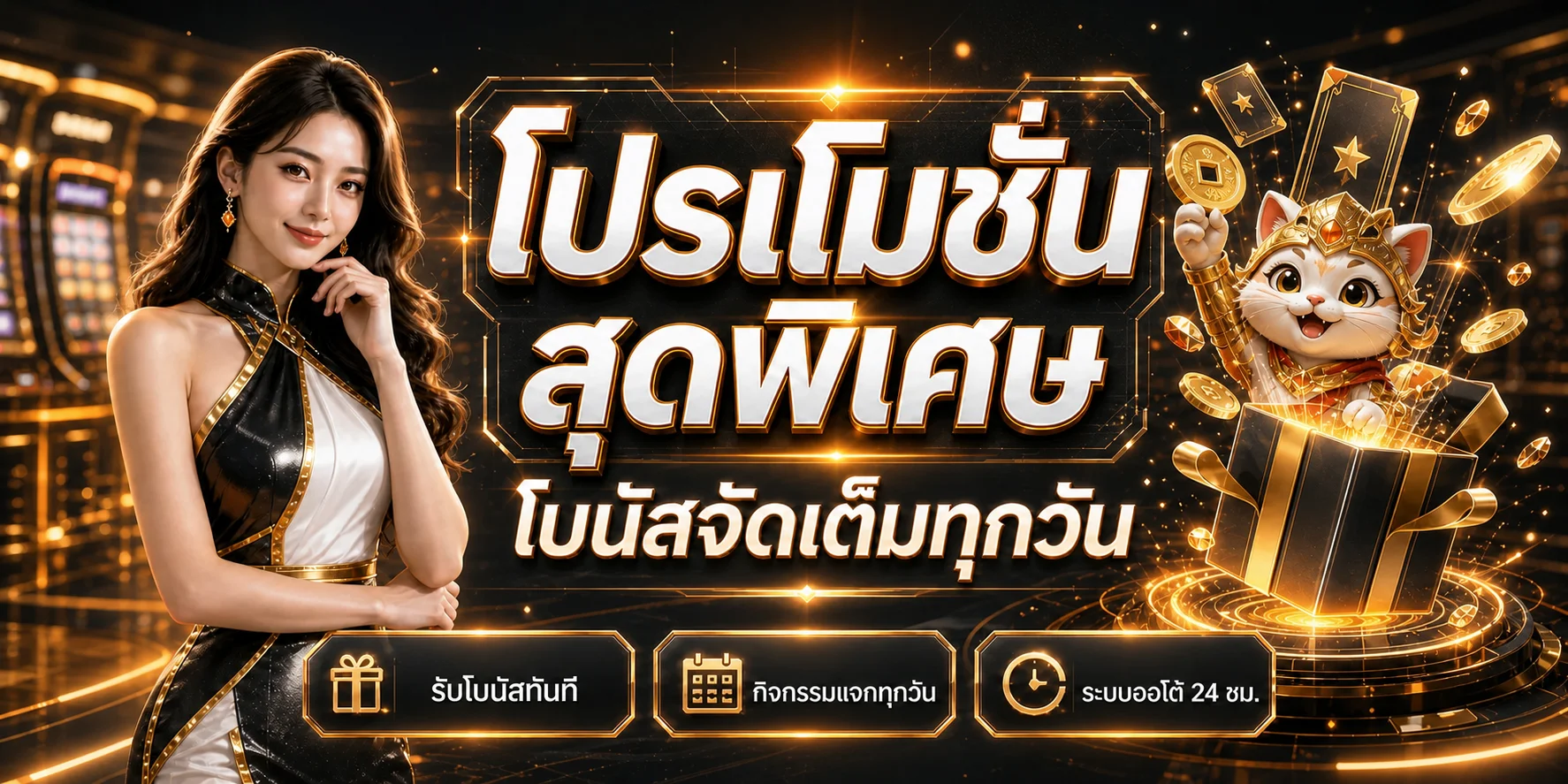โปรโมชั่น GRAND789 โทนดำส้มพร้อมตัวละครแมวนำโชค